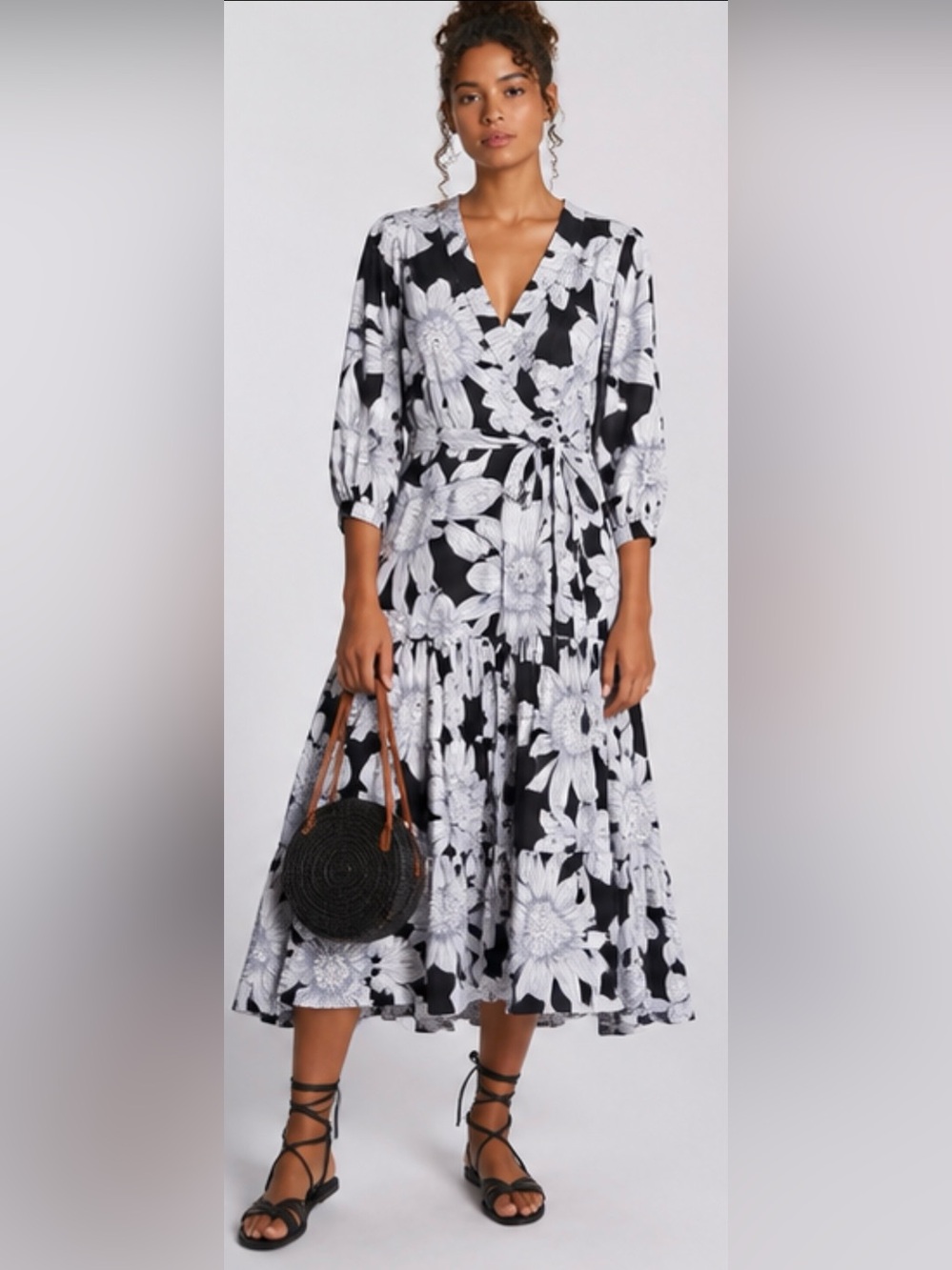 Anthropologie Maeve Black White Floral Midi Wrap Dress 12 New